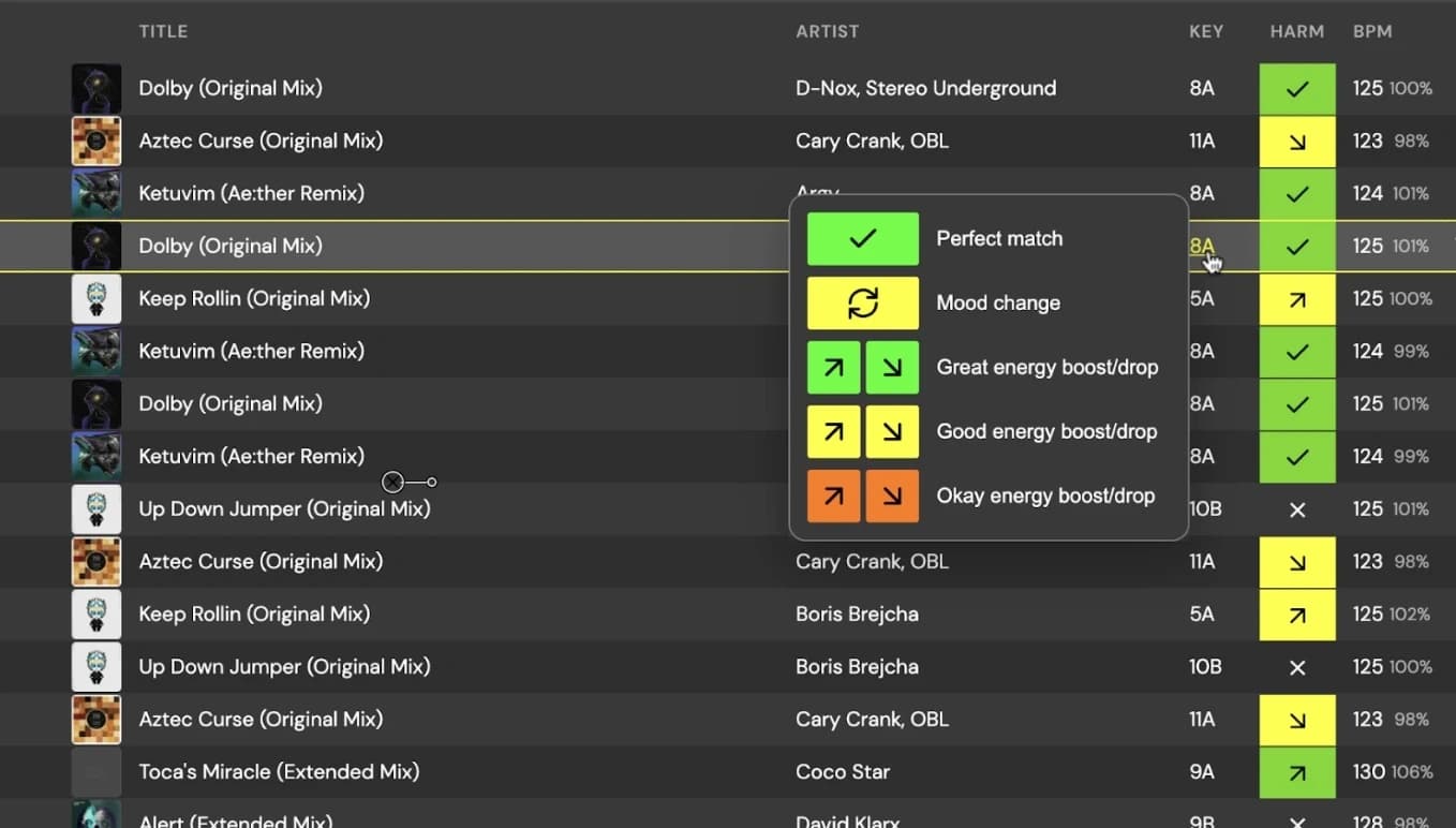Color coding to show harmonic compatibility