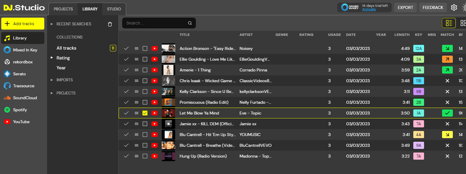 Select your tracks in the DJ.Studio library